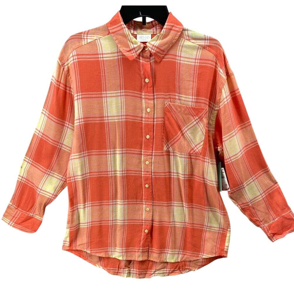 NWT Nordstrom Abound Shirt XS Plaid Haley Orange Yellow Button Down Long Sleeve